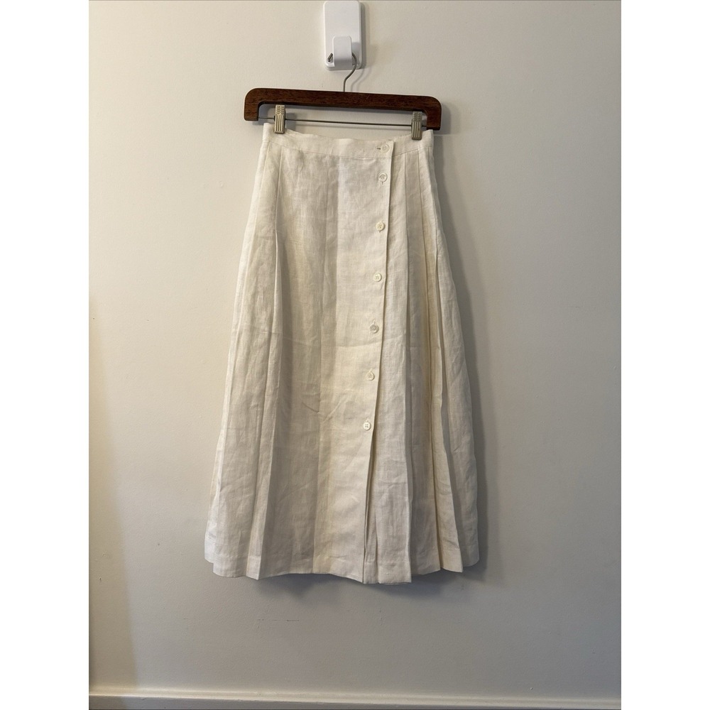 VTG Allen Solly Women 6P 100% Linen Pleated Skirt White Midi Cottagecore Coastal